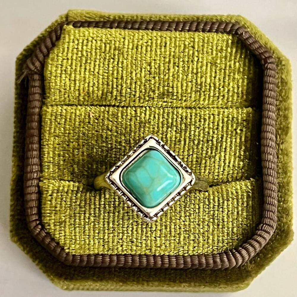 Bohemian Style Turquoise Square Titanium Steel Statement Ring Size 6